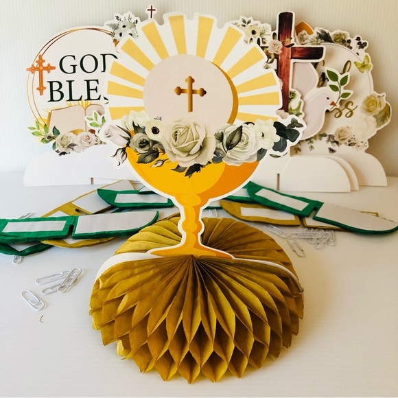 9 Piece First Communion/Baptism Decorations Honeycomb Centerpieces Table Décor - Picture 1 of 9
